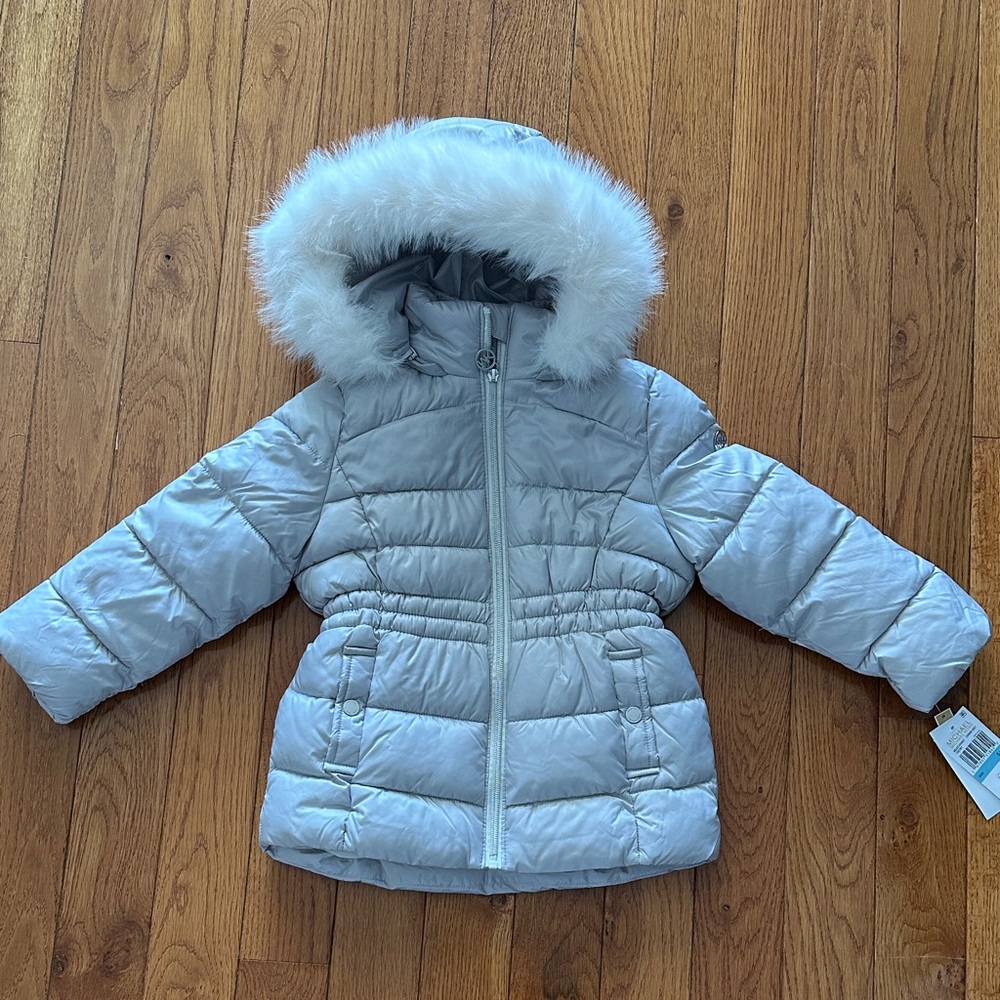 Michael Kors Silver Puffer Jacket with White Faux Fur Hood